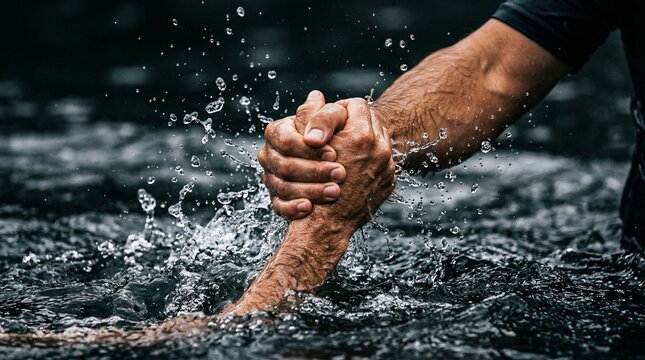 Strong handshake of two men over splashing water, helping hand or partnership concept