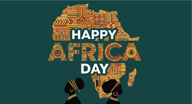 Happy Africa Day typography with traditional Ndebele pattern and South African flag on cream background flat vector illustration for continental heritage and cultural diversity celebration.