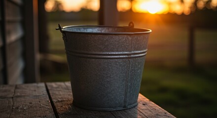 Naklejka premium Rustic metal bucket on wooden table at sunset outdoor setting with blurred background and warm lighting