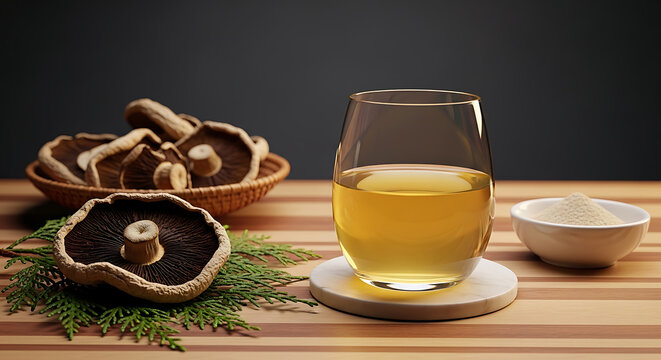 Healthy herbal tea or mushroom elixir in a glass with dried mushrooms and powder on a wooden table, concept of natural wellness, alternative medicine