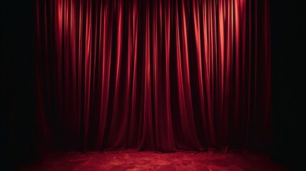 Fototapeta premium Elegant red curtain background design, rich velvet texture, dramatic stage effect, ideal for theater productions, event announcements, or formal occasions.