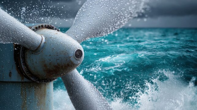 Rusty Boat Propeller Splashing Through Turbulent Ocean Waves Under Dramatic Sky with Dark Clouds and Rain Sprinkles