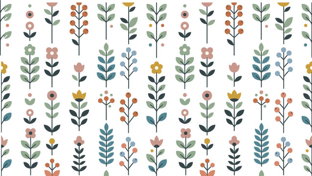 Minimalist scandinavian floral pattern with simple flower sprigs berries and leaves in nordic folk art style vector illustration