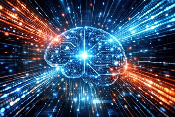Obraz premium Artificial intelligence concept with glowing brain shape and orange and blue light streams radiating outwards