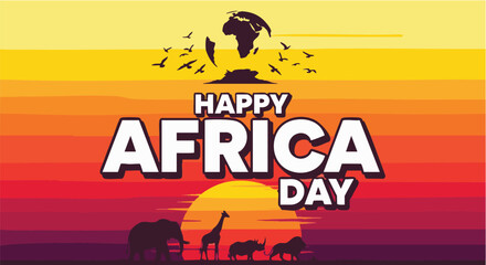Happy Africa Day typography with wild animal silhouettes and globe map over vibrant sunset stripes flat vector illustration for continental heritage celebration banner. © Any