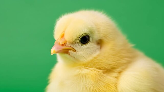 Close-up of an adorable yellow chick against a vibrant green background, showcasing its soft feathers and curious expression.