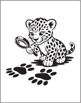 Cute leopard searching footprint in natural scene black line art vector illustration for kids coloring page design