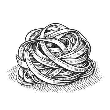 Vintage engraved pasta nest. Hand drawn black and white vector illustration of Italian noodles in retro engraving style.