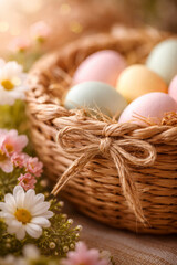 Obraz premium Easter Basket with Pastel Eggs in Warm Light Close Up Scene