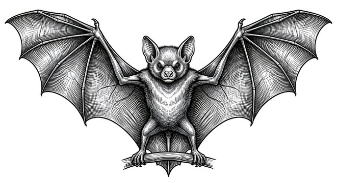 Spooky Bat Engraving Fruit Bat with Spread Wings