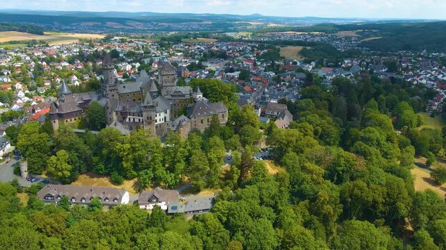 Aerial view of the old town and castle of the city Braunfels in Germany, hesse on a sunny spring day.