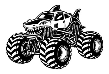 Shark Monster Truck With Huge Tires And Sharp Teeth Design, Aggressive Off Road Vehicle Silhouette For Racing Fans And Monster Jam Lovers © VisuaLabArt