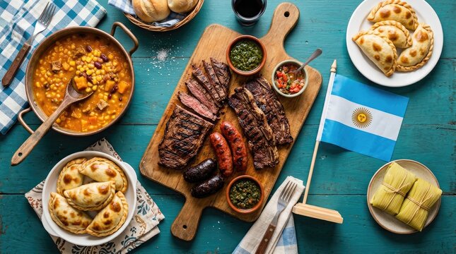 Argentinian flag near a wooden board with grilled meat accompanied by sauces and various dishes with food on a blue surface