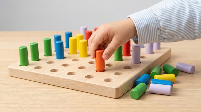 Child's hand placing colorful wooden pegs into a sorting board