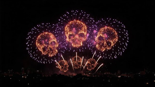 Stop motion with orange skulls on black concept. Spectacular skull shaped fireworks lighting up the night sky over a cityscape celebration