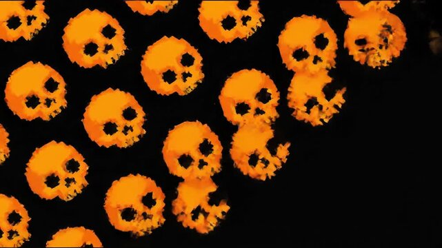 Stop motion with orange skulls on black concept. Pixel art orange skull pattern background with retro gaming style for Halloween and spooky design