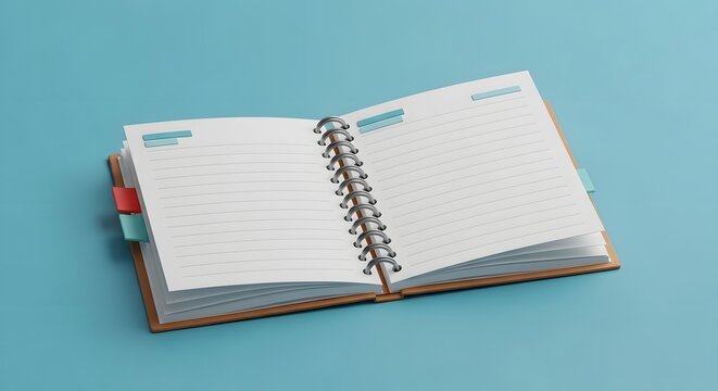 Open spiral planner or diary with calendar pages and dotted notes section, on a blue background, for organization.