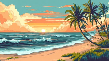 Obraz premium Tropical beach summer background in graphic illustration style, featuring palm trees, sand, and ocean, perfect for use in travel brochures, vacation ads, or summer-themed designs.