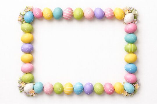 Colorful Easter Eggs Frame Border with Spring Flowers Copy Space