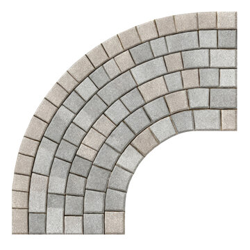Curved driveway paving stone texture top view residential corner pattern, gray and beige brick arc background for landscape design