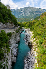 Scenic summer view along the Isonzo (Soca) river in Slovenia.