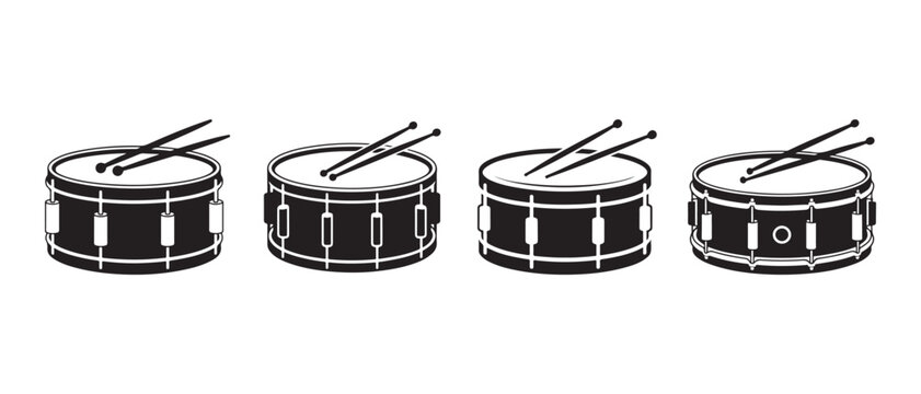 A collection of four black and white snare drum icons with drumsticks on a white background.