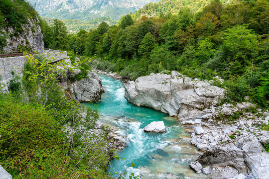 Scenic summer view along the Isonzo (Soca) river in Slovenia.