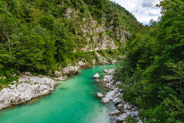 Scenic summer view along the Isonzo (Soca) river in Slovenia.