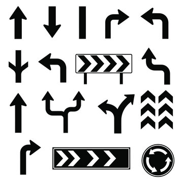 Black and white road direction arrows and signs on white background