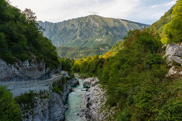 Scenic summer view along the Isonzo (Soca) river in Slovenia.