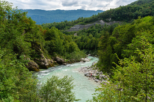 Scenic summer view along the Isonzo (Soca) river in Slovenia.