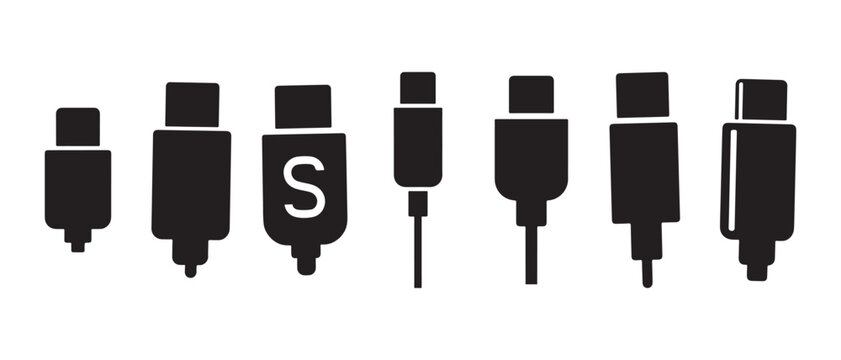 Collection of different usb type-c connector plug head silhouettes on a white background.