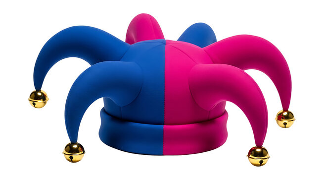 jester hat blue pink fools cap with golden bells on a white background representing duality and playfulness for carnival or party concepts.