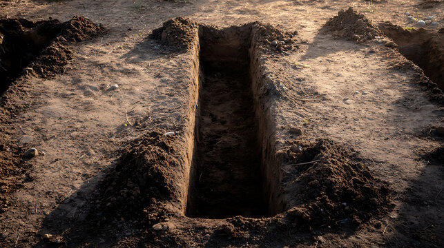 Freshly dug rectangular grave in dry, brown earth under natural daylight, with soil mound on side, symbolizing loss, end or new beginning