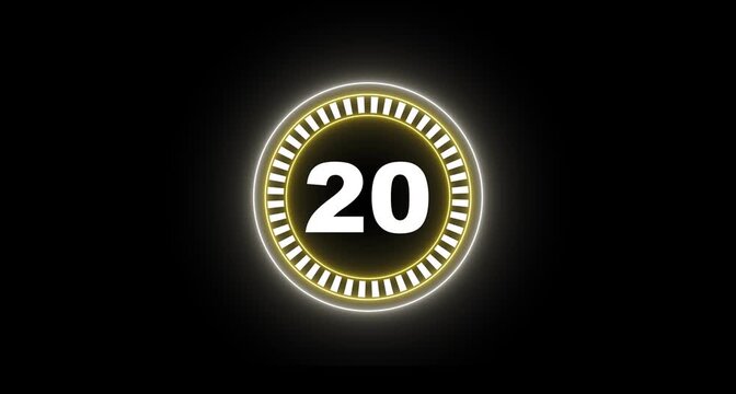 Animation circle countdown timer 25 to 0 seconds with neon animation . Twenty five seconds countdown timer with dot circle motion graphics on black background. Minimalist colorful circle.