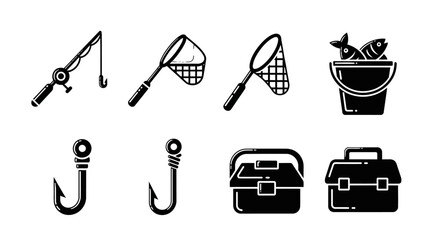 Obraz premium Fishing Gear Icons: Rod, Net, Hooks, Bucket with Fish, Tackle Box - Vector Set