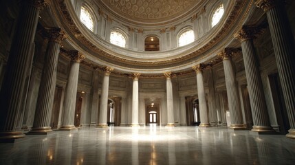 Fototapeta premium Wide Shot Captures the Interior of a Classical Courthouse Rotunda Featuring Marble Columns and a Domed Ceiling With Light Streaming Down