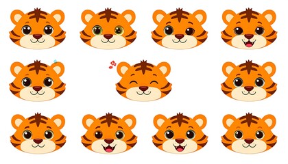 Obraz premium A collection of stylized tiger faces displaying diverse expressions and emotions. These cartoonish depictions are vibrant and cheerful