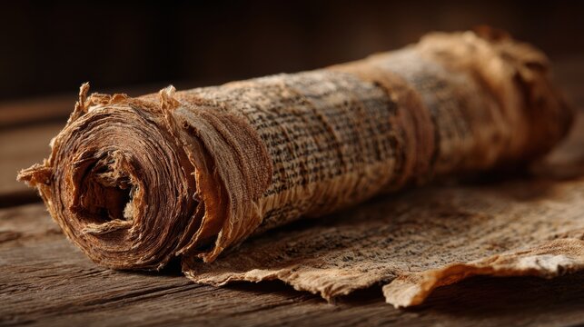Close-up View of Ancient Scroll on Wooden Table Highlighting Papyrus Fibers and Ink Texture in Warm Light From Oil Lamp