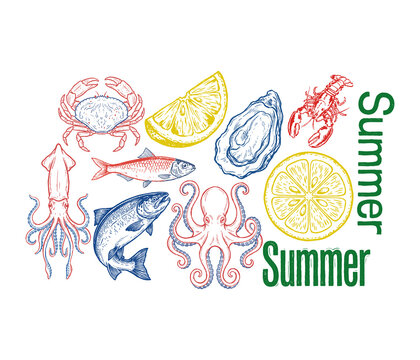Vintage seafood illustration set with summer text, hand drawn sketch of fish, crab, lobster and octopus, colorful nautical food elements for restaurant menus