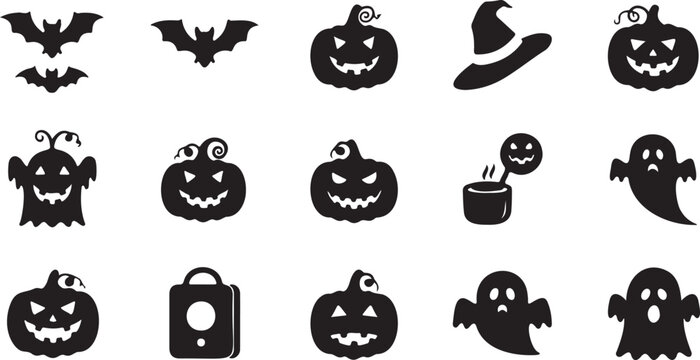Halloween silhouette icon set, spooky black vector elements with jack-o-lantern pumpkins and ghosts, 15 festive holiday graphics for seasonal design