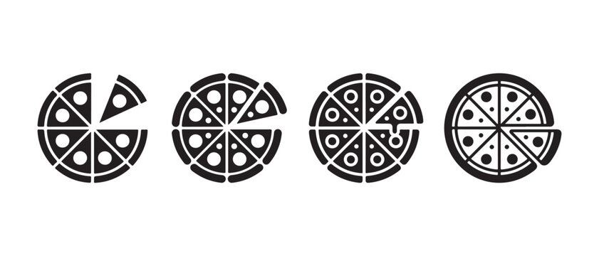 Pizza icons featuring a missing slice, rendered in a modern flat design style vector illustration.
