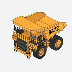Isometric Yellow Mining Dump Truck Illustration with Number 8472. © Budd