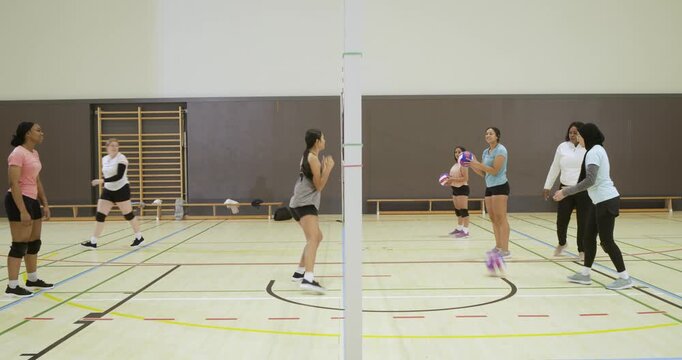 Diverse female team practicing at gym, feeder tossing balls over net and gray tank blocker jumping