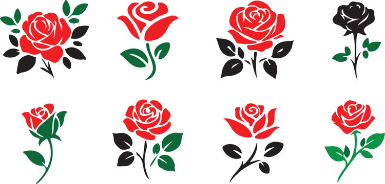 Red rose flower icons, 8 floral vector elements set