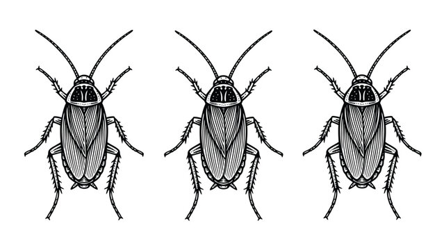 Three black and white cockroach illustrations. Detailed vector art of common household insect pests, lined up horizontally on white background.