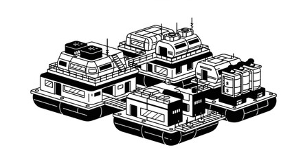 Line Art Depiction of Multiple Houseboats in a Cluster. © Budd