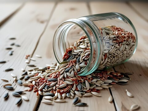 Glass jar tipped over with mixed sunflower, flax and pumpkin seeds spilling on rustic whitewashed planks. Spring 2026 healthy eating and eco lifestyle concept for food, nutrition and wellness brands.