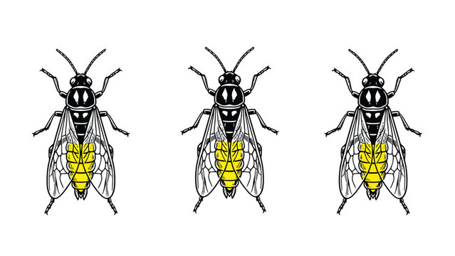 Three winged aphids with yellow wings, detailed scientific illustration on white for entomology or pest control design