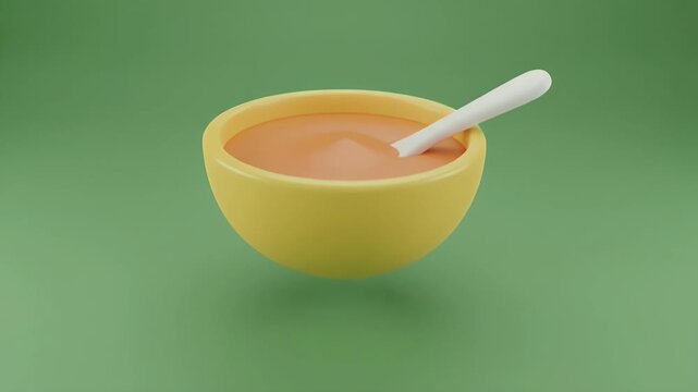 Minimalist 3D Render of an Empty Yellow Bowl with Spoon on Green Background